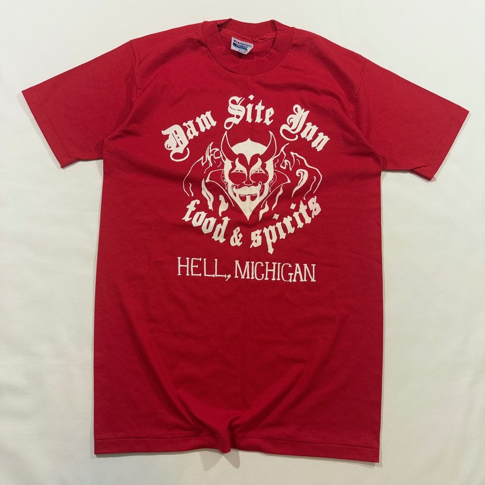 Hanes Dam Site Inn T-Shirt Men M Red Vintage 80s 90s Hell Michigan Devil Graphic